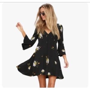Free People "Time‎ On My Side" Black Floral Print Wrap Mini Dress Size Ex-Small
